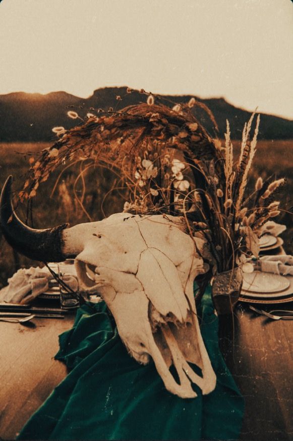 an animal's skull is sitting on a table with other items and flowers in the background