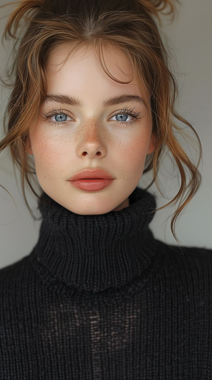 a young woman with blue eyes wearing a black turtle neck sweater and hair in the wind