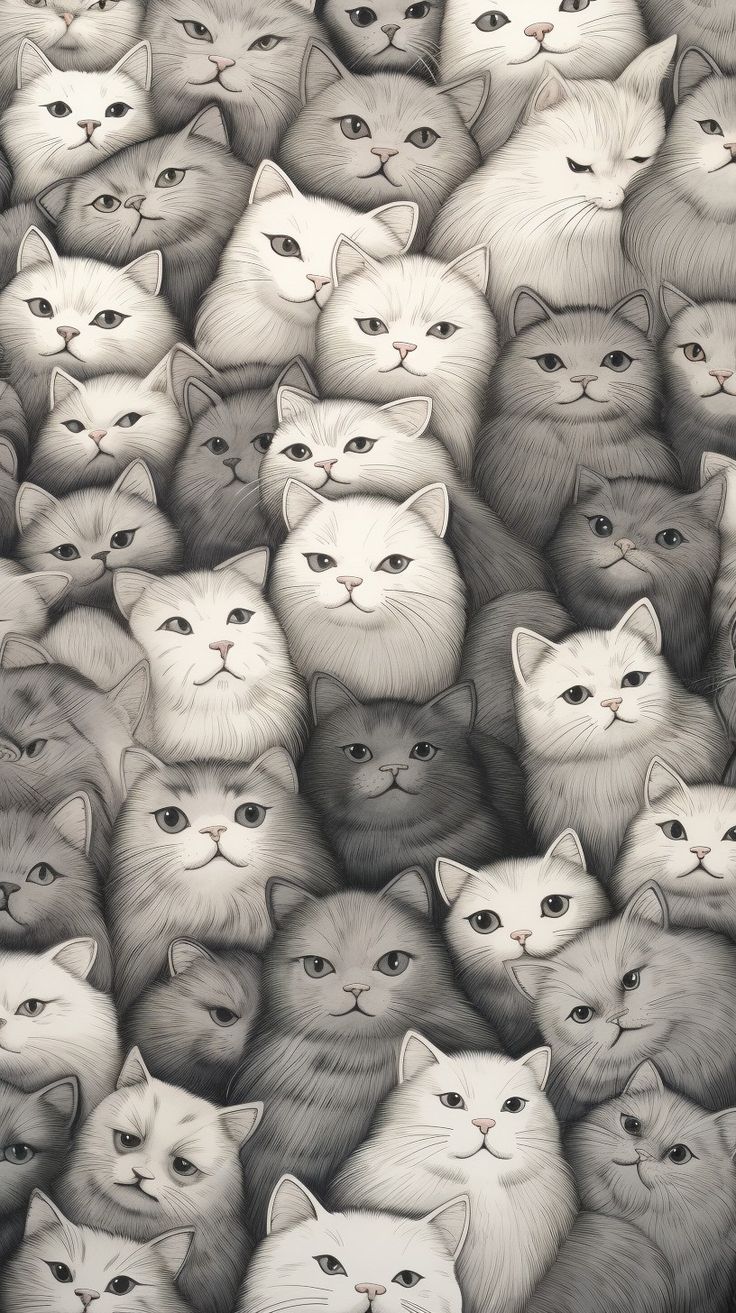 a large group of cats are shown in black and white