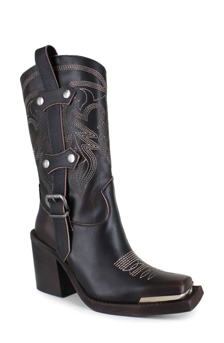 A snipped toe boasting a gleaming hardware plate refreshes the classically Western design of a water-resistant cowboy boot detailed with bold topstitching and buckled side straps. 3 1/2" heel; 1" platform 12 1/2" shaft; 11 1/2" calf circumference. Narrow calf Pull-on style Leather upper, lining and sole Made in Italy Rugged Leather Boots For Rodeo, Western Style Moto Boots For Western-themed Events, Western Boots With Stacked High Heel, Western Style Wide Calf High Heel Mid-calf Boots, Western Leather Heeled Boots, Western Mid-calf Boots With High Stacked Heel, Western Style Leather Heeled Boots, Western Mid-calf Boots With Reinforced Heel And Snip Toe, Western Heeled Boots With Reinforced Heel For Western-themed Events