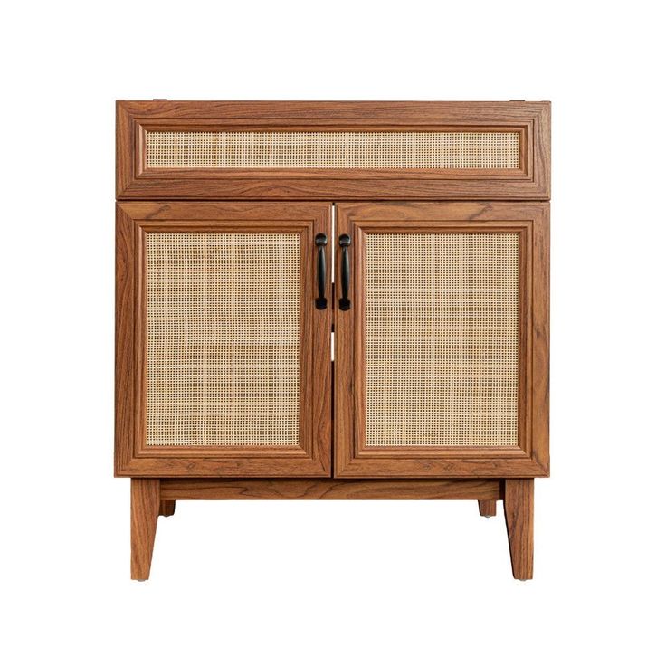 a wooden cabinet with two doors and some wickers on the front, against a white background