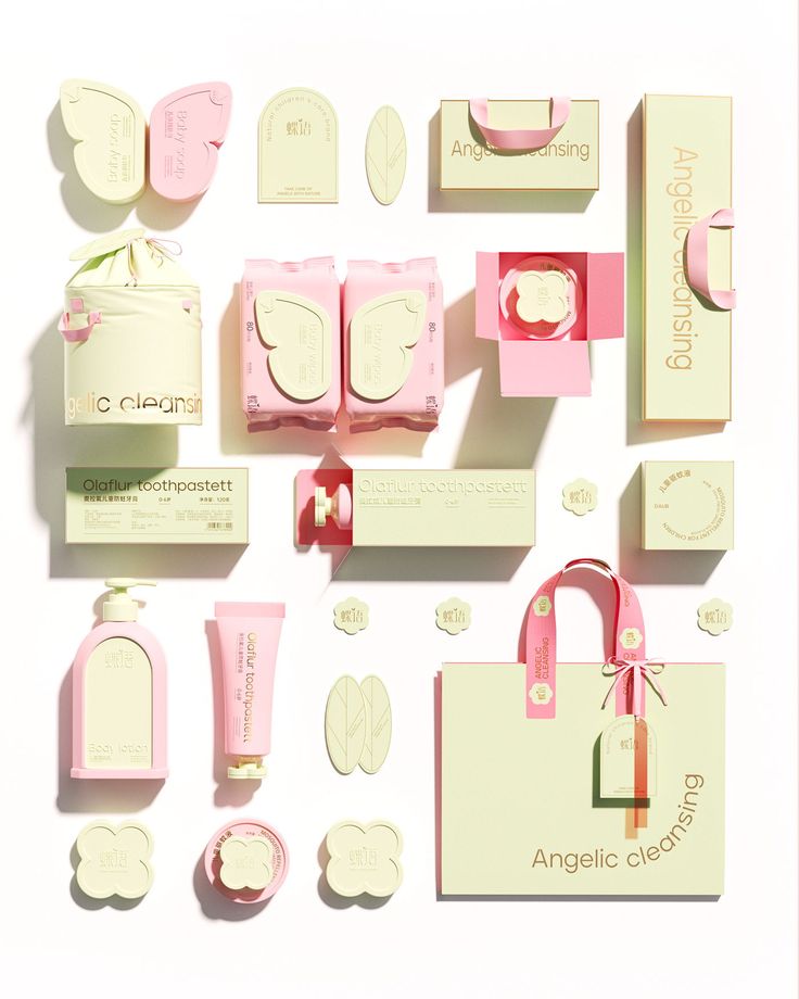 an assortment of pink and white items are arranged on a white surface with the words angelic glamour written below them