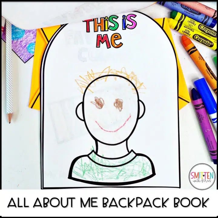 this is an image of a child's face with the words, all about me backpack book