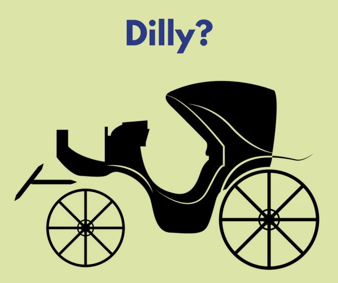 a horse drawn carriage with the words dilly on it's side and an image of