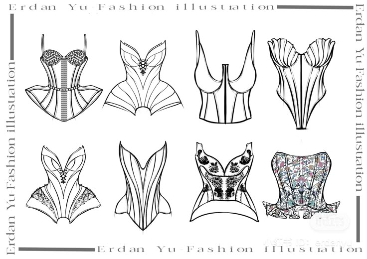 an image of different bras and corsets in black and white ink on paper