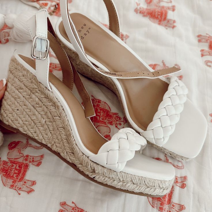 Target Brand Brand New Have Never Worn 3.75 In Braided Front Band Square Toe Memory Foam White High Heel Espadrilles For Vacation, Woven Sole Wedge Heel Sandals For Day Out, Wedge Heeled Sandals With Woven Sole For Day Out, Wedge Heel Sandals With Woven Sole For Day Out, White Open Toe Synthetic Espadrilles, White Synthetic Espadrilles For Summer, Chic White Synthetic Espadrilles, White Heels With Woven Sole For Vacation, White Synthetic Espadrilles For The Beach