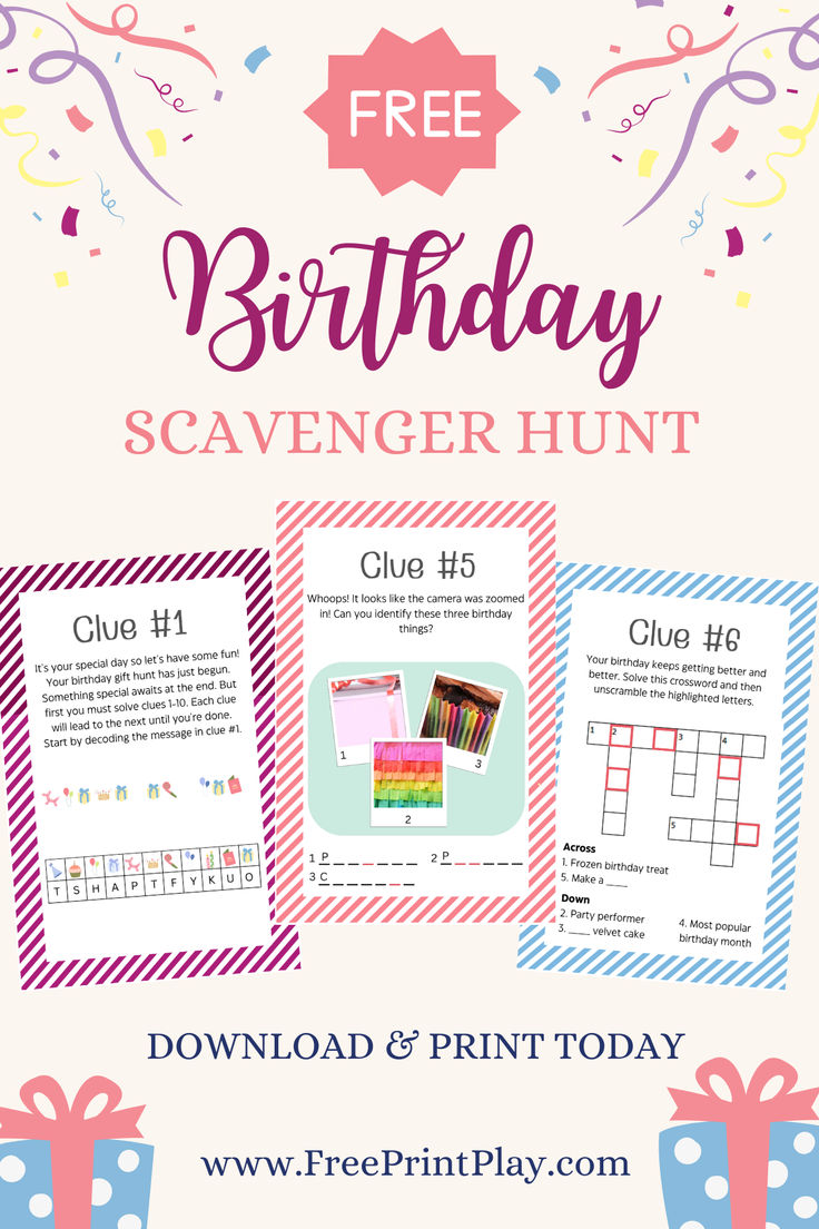 Three birthday gift scavenger hunt clue cards featuring various puzzles to solve Birthday Gift Scavenger Hunt Clues, Birthday Gift Scavenger Hunt, Birthday Scavenger Hunt Kids, Gift Scavenger Hunt, Scavenger Hunt Ideas For Kids, Party Scavenger Hunt, Birthday Scavenger Hunt, Easy Birthday Gifts, Cat Themed Birthday Party