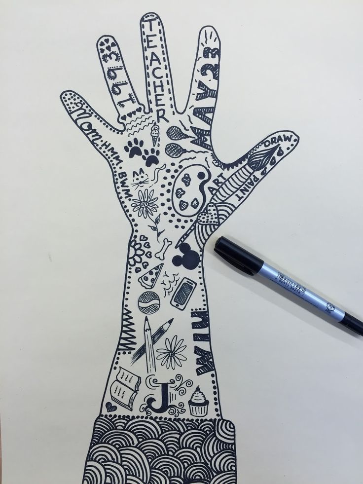 a drawing of a hand with many different symbols on it and a marker next to it