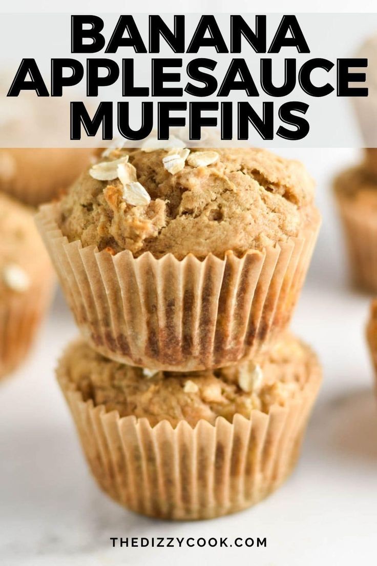 banana applesauce muffins stacked on top of each other with text overlay