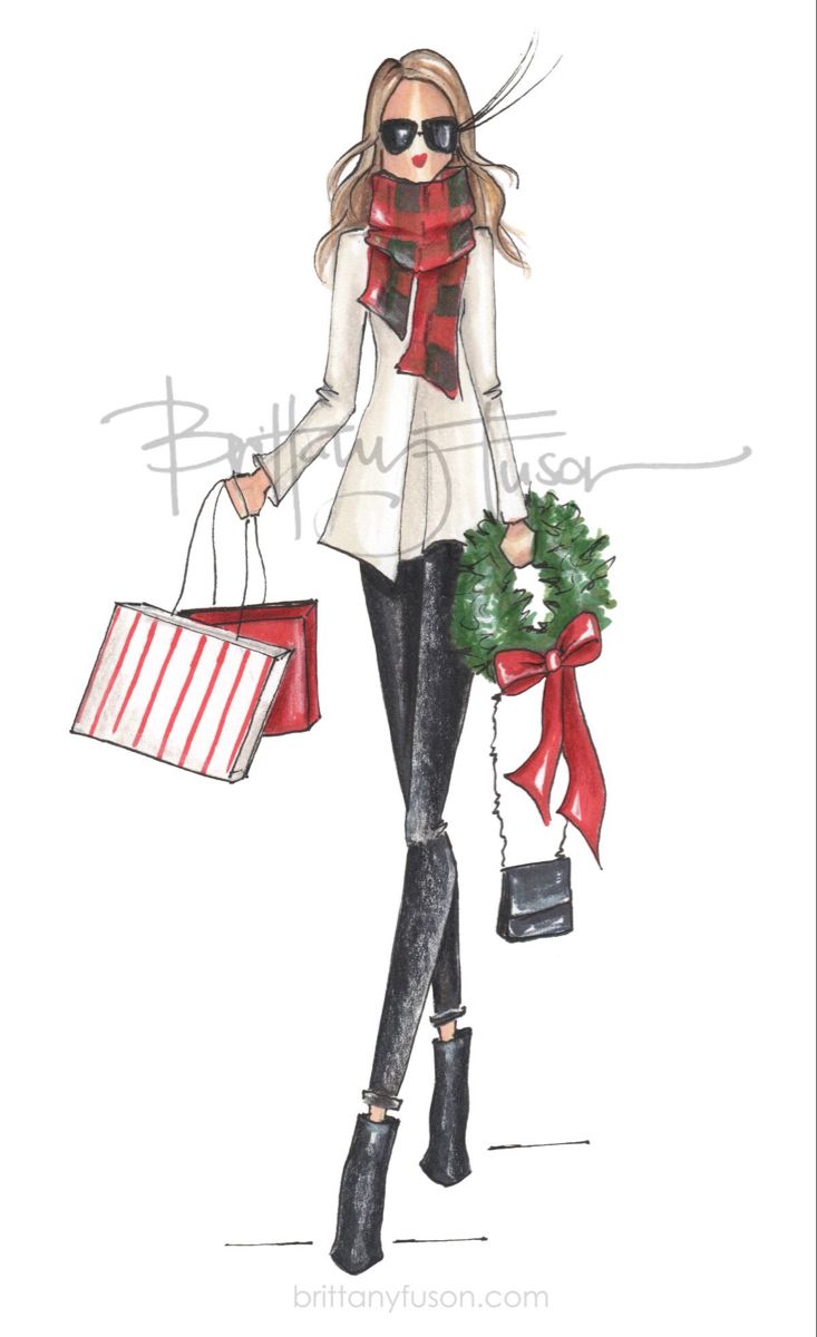 a watercolor painting of a woman carrying shopping bags and holding a christmas tree in her hand