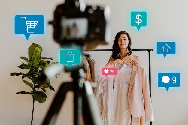 a woman standing in front of a camera holding a pink shirt with icons above her