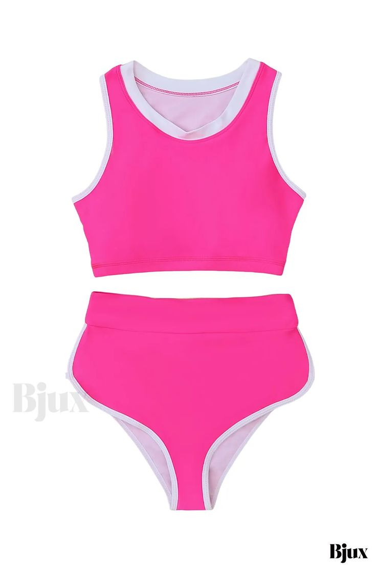 Bjux - Bañador bikini contemporáneo de 2 piezas con ribetes en contraste Stretch Tankini For Beach Playwear, Summer Stretch Tankini For Playwear, Fitted Tankini For Playwear And Beachwear, Beachwear Swimwear With Triangle Top For Play, Pink Tankini For Playwear During Beach Season, Fitted Beachwear Playwear Set, Fitted Beachwear Sets For Playwear, Pink Swimming Sets For Beachwear, Pink Summer Swimwear Sets