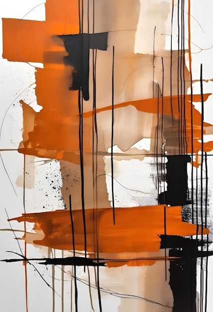 an abstract painting with orange and black lines