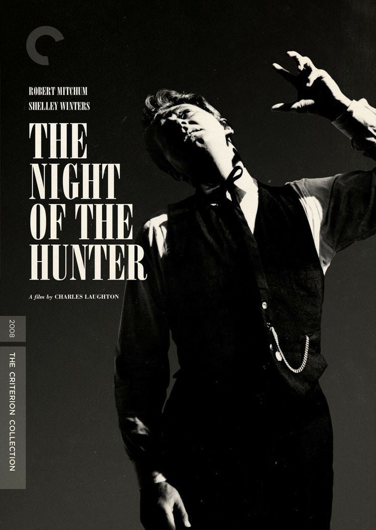 the night of the hunter poster with man in black suit and tie pointing at something