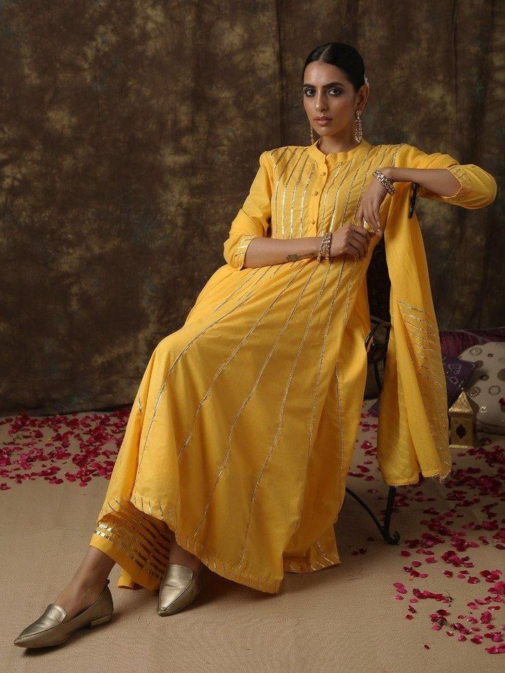 Mrinalika-Haldi Kurta Set - Trendroots Latest Party Wear Suits, Haldi Dress, Kurta Cotton, Sharara Set, Indian Designer Outfits, Indian Attire, Kurta With Pants, Kurta Designs, Kurta Set