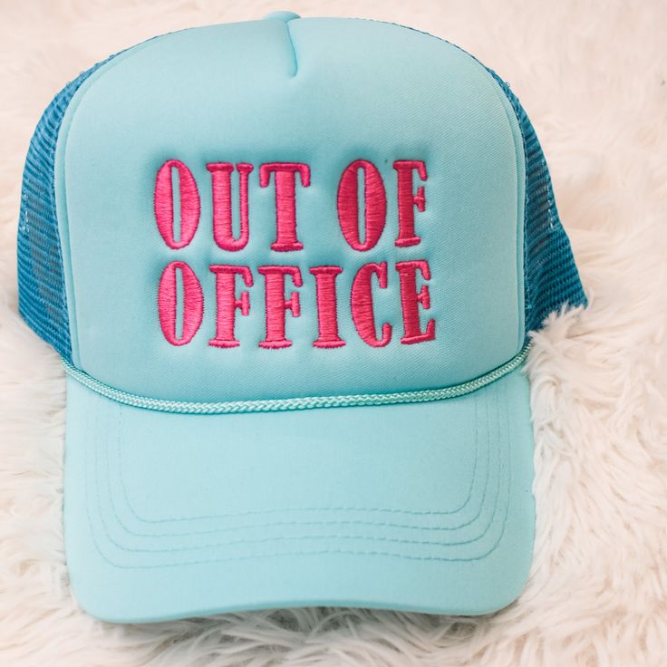 Don't let work keep you down, show off your sense of adventure with our "Out Of Office" Trucker Hat. Featuring a classic trucker style with a bold statement, this hat is the perfect accessory for any outdoor enthusiast. Take a break and hit the road with this must-have accessory! Trucker Snapback Hat For Travel, Snapback Trucker Hat For Travel, Novelty Trucker Hat For Outdoor, One Size Fits Most, Novelty Outdoor Trucker Hat, One Size Fits Most, Outdoor Trucker Hat One Size Fits Most, Novelty Outdoor Trucker Hat, Adjustable Trucker Hat For Travel, Outdoor Trucker Hat With Letter Print, Fun Blue Trucker Hat For Outdoor