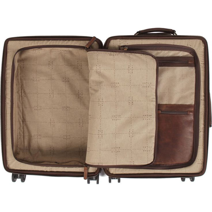 an open suitcase with two pieces of luggage on wheels and one piece is brown, the other