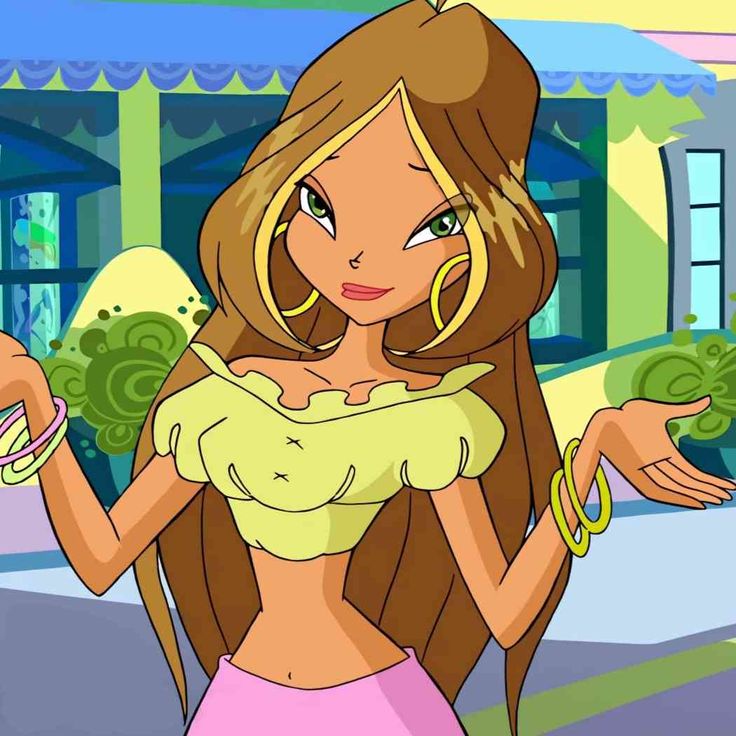 a cartoon girl with long blonde hair is holding broccoli in one hand and looking at the camera