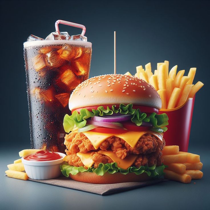 a hamburger, fries and soda on a table