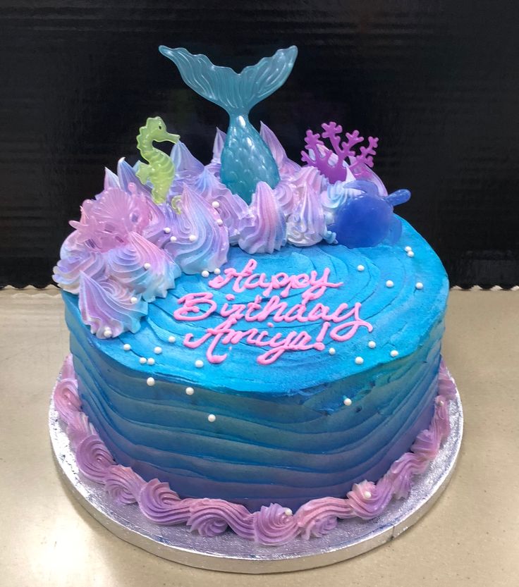 a birthday cake decorated with blue and purple frosting