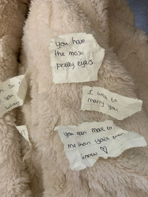 several pieces of paper taped to the back of a teddy bear with writing on it