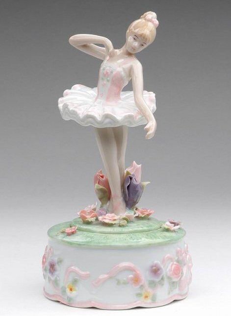 a figurine is sitting on top of a flowered box with a ballerina figure