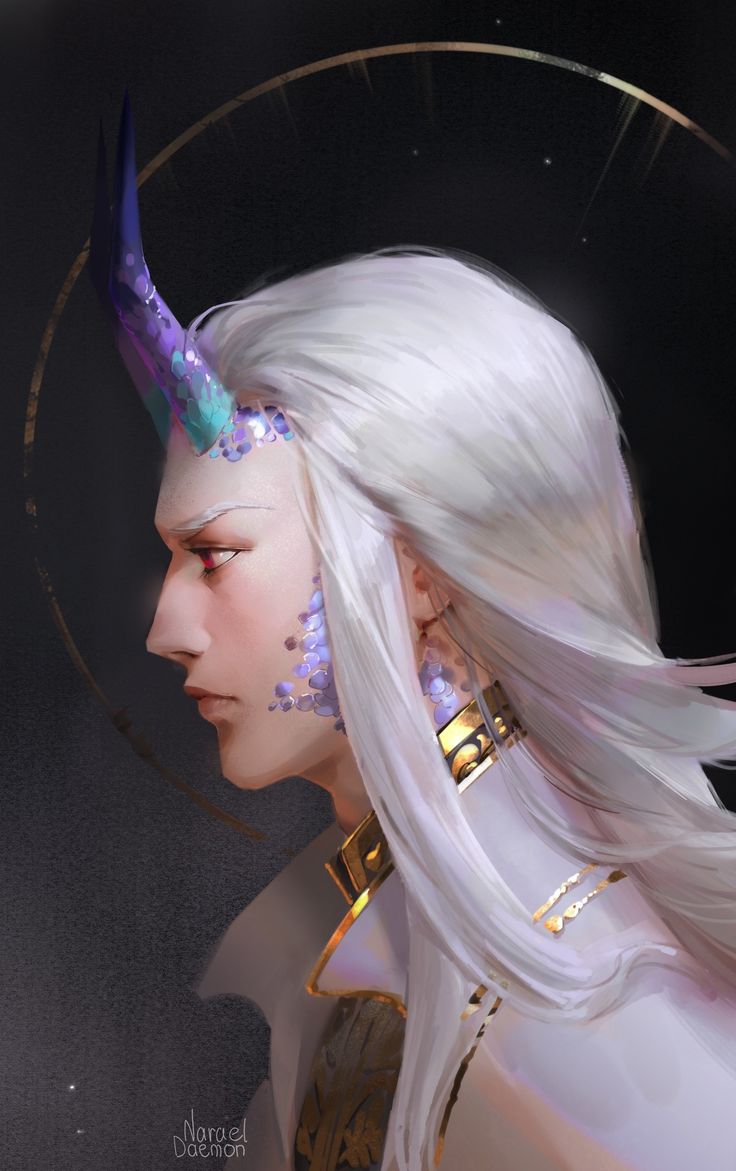 a digital painting of a woman with white hair and horns