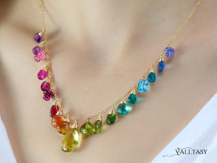 THE JEWELRY IS SHIPPED via DHL EXPRESS (2-5 days delivery door to door). THE DHL SHIPPING COST IS INCLUDED IN THE PRICE. The Fancy Summer Necklace - Rainbow Multi Gemstone Necklace in Gold Filled, Precious Drop Necklace ► Measurements / Details: - Necklace Length: Made to order - Clasp: 9mm Lobster Clasp - Gold: High quality 14K Gold Filled - Silver: High quality Sterling Silver ► Gemstones: The Necklace includes excellent AAA quality gemstones, superbly faceted and vibrant: ~ Purple Amethyst tr Affordable Rainbow Necklaces With Colorful Beads, Rainbow Gemstone Accented Jewelry For Anniversary, Rainbow Multi-stone Necklace In Fine Jewelry Style, Rainbow Stones Jewelry For Jewelry Making, Elegant Rainbow Jewelry With Gemstone Accents, Fine Jewelry With Multicolor Briolette Gemstones, Multicolor Gemstone Necklace For Anniversary, Multicolor Briolette Gemstones Fine Jewelry, Elegant Rainbow Jewelry With Gemstone Beads