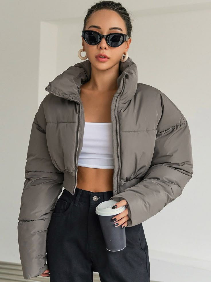 Mocha Brown Casual Collar Long Sleeve Woven Fabric Plain Puffer Embellished Non-Stretch  Women Outerwear Puffer Jacket Outfits, Winter Mode Outfits, Puffer Jacket Outfit, Cropped Coat, Cropped Puffer Jacket, Puffy Coat, Coat Pocket, Casual Vest, Long Sleeves Coats