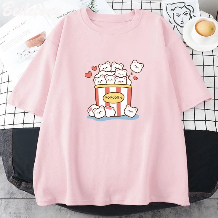 Cute Cartoon Print Tops, Pink Crew Neck T-shirt With Cute Design, Kawaii Cute Crew Neck Tops, Cute Kawaii Crew Neck Top, Kawaii Crew Neck Top With Cute Design, Spring Kawaii T-shirt With Funny Print, Kawaii Crew Neck T-shirt With Cute Design, Cute Summer Cotton T-shirt, Cute Funny Print T-shirt