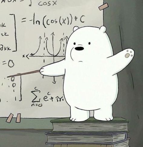 a white bear standing on top of a pile of books in front of a chalkboard