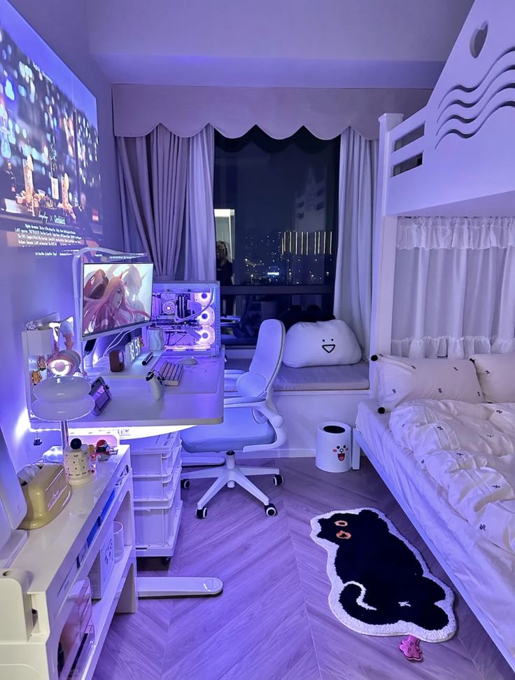 a bedroom with white furniture and purple lighting