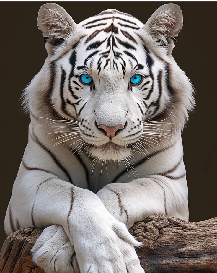 a white tiger with blue eyes sitting on top of a log