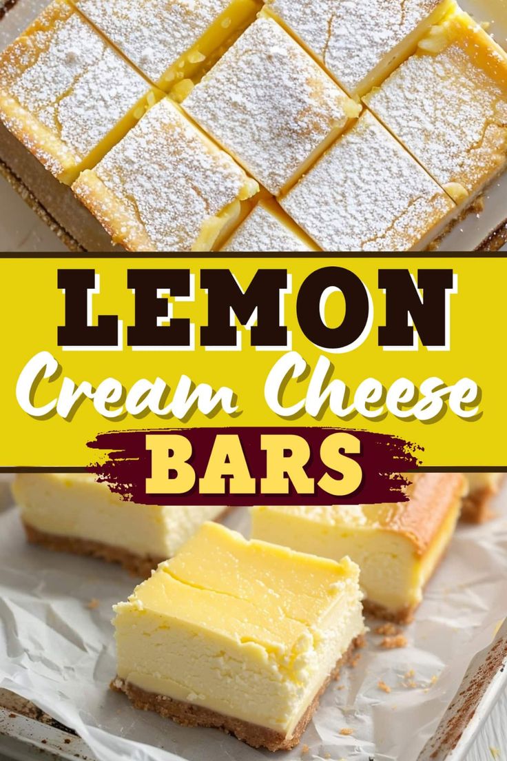 lemon cream cheese bars on top of tin foil with text overlay that reads, lemon cream cheese bars