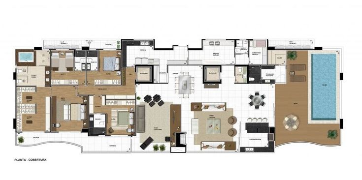 the floor plan of an apartment with swimming pool