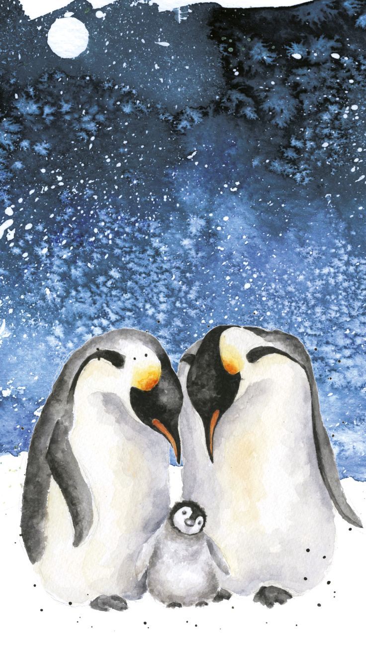 two penguins are sitting in the snow with their heads touching each other's noses