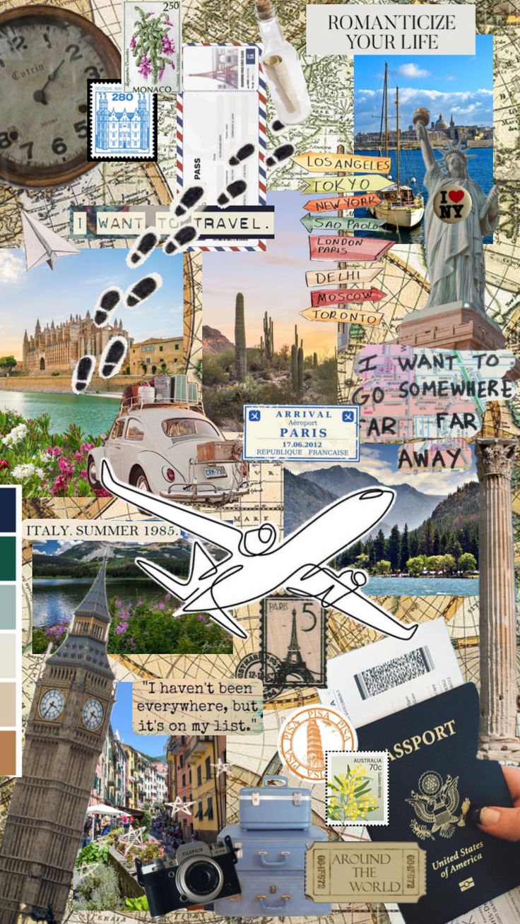 a collage of travel related items including a map, passport, and clock