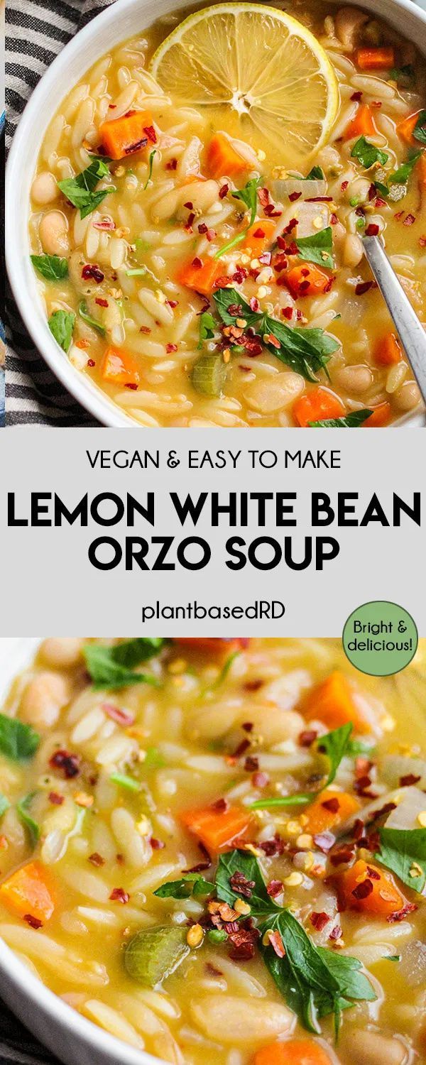 a bowl of lemon white bean orzo soup