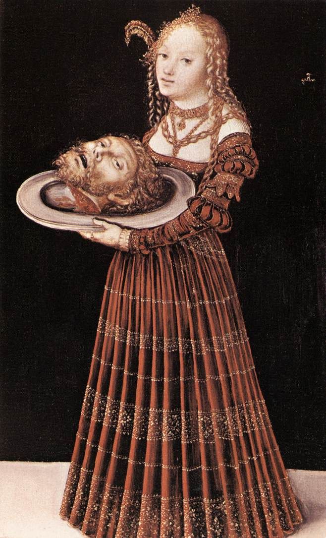 a painting of a woman holding a plate with a man's head on it