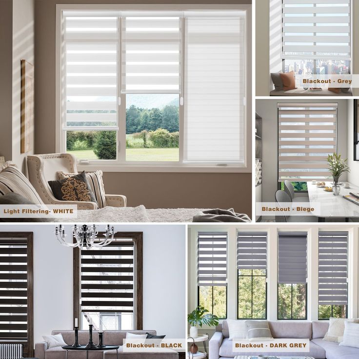 four different types of blinds in various rooms