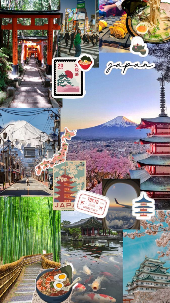 the collage shows many different scenes in japan