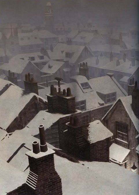 an old photo of snow covered rooftops and chimneys in wintertime, looking down on the city