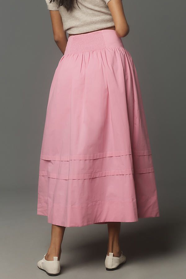 Cotton, elastane; cotton lining Zipper styling Machine wash Imported | Button-Waist Midi Skirt by Maeve in Pink, Women's, Size: Small, Cotton/Elastane at Anthropologie Casual Feminine Skirt, A Line Midi Skirt With Pockets, Petite A Line Skirt, A Line Midi Skirt Winter, Woman Midi Skirt, Petite A Line Skirts, Feminine Solid Color Skirt, Cotton Tiered Skirt In Solid Color, Cotton Tiered Skirt With Solid Color