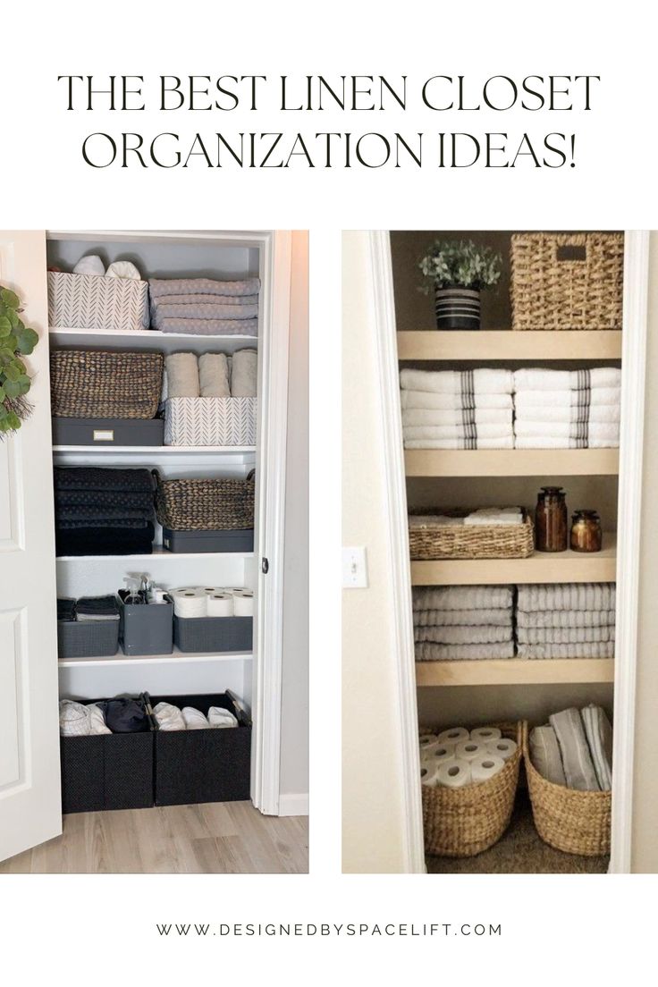 linen closet organization with baskets and towels