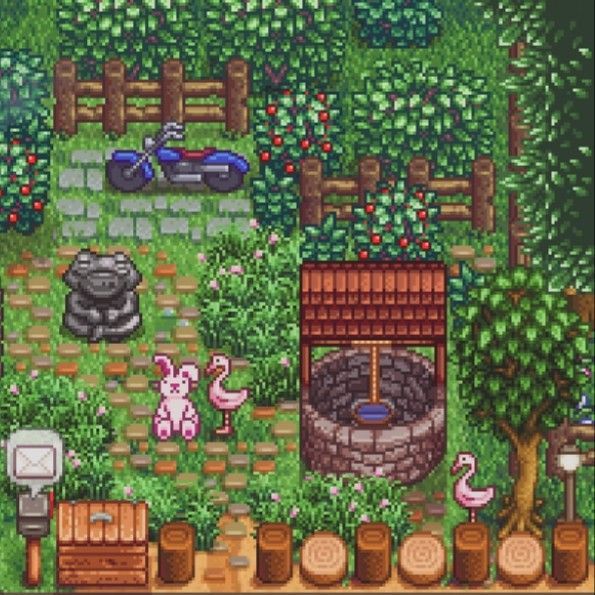 a game screen showing the garden with animals and plants in it, as well as other items