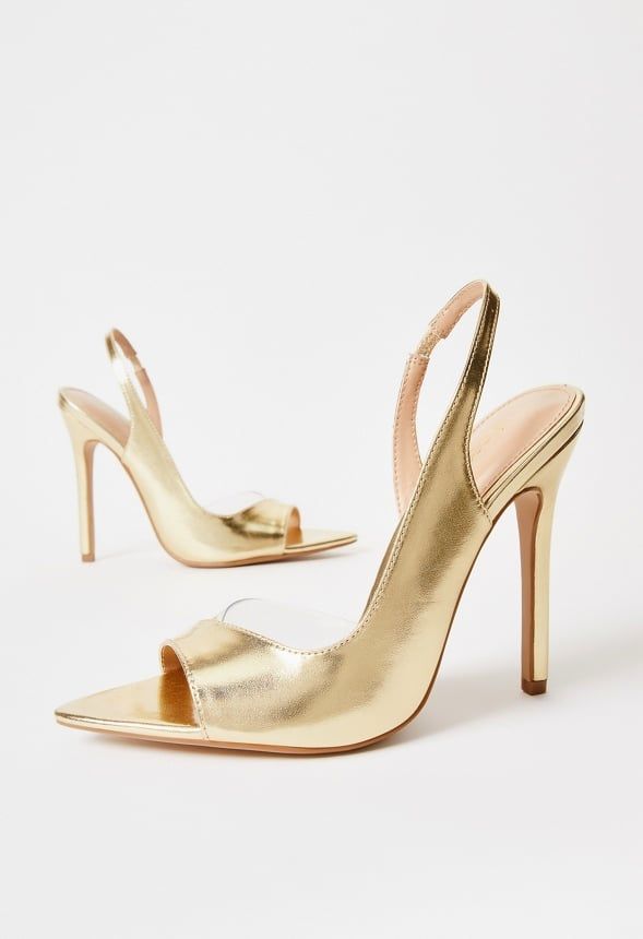 Material: Faux Leather Heel Height: 4.5" Closure: Elastic Strap Imported. Gold Slingback Heels, Gold Heels Wedding, Luxury Heels, Fab Shoes, Gold Pumps, Faux Leather Heels, Wedding Heels, Gold Heels, Fabulous Shoes