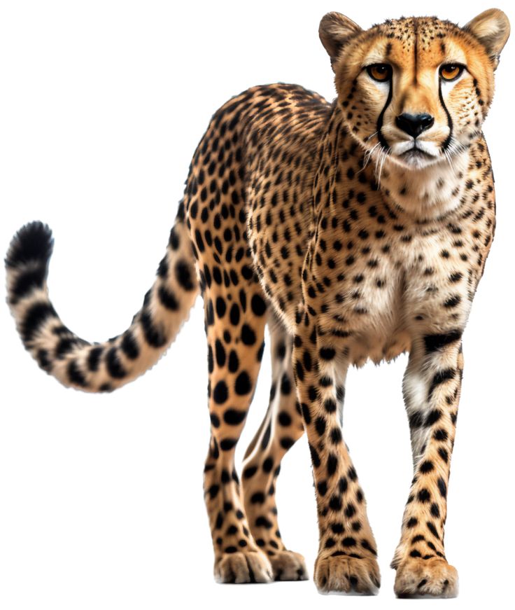 a cheetah standing in front of a white background