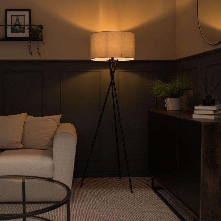 a living room with a couch, table and lamp in it's centerpiece