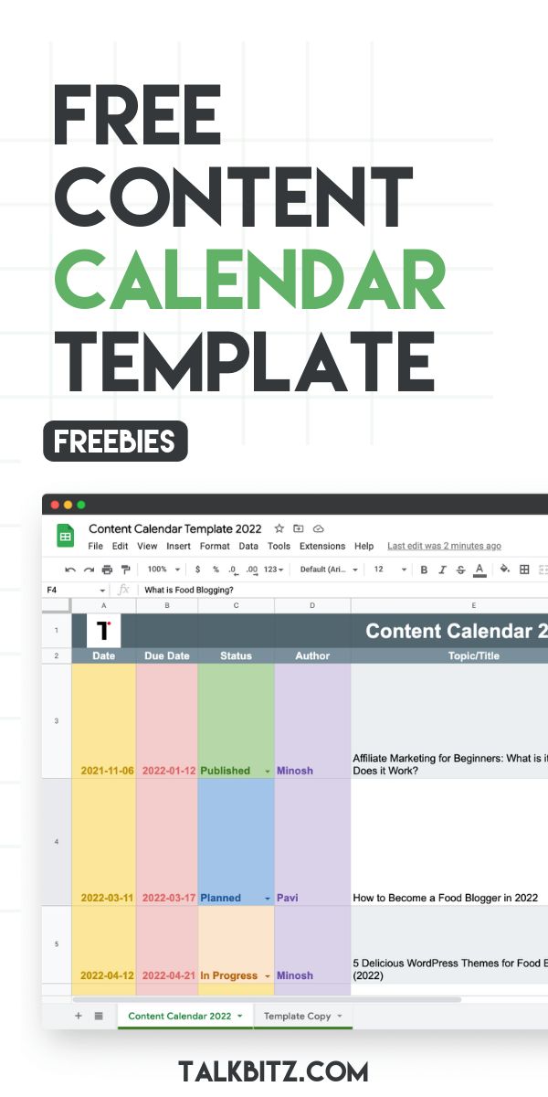 the free content calendar template for bloggers to use on their website or blog page