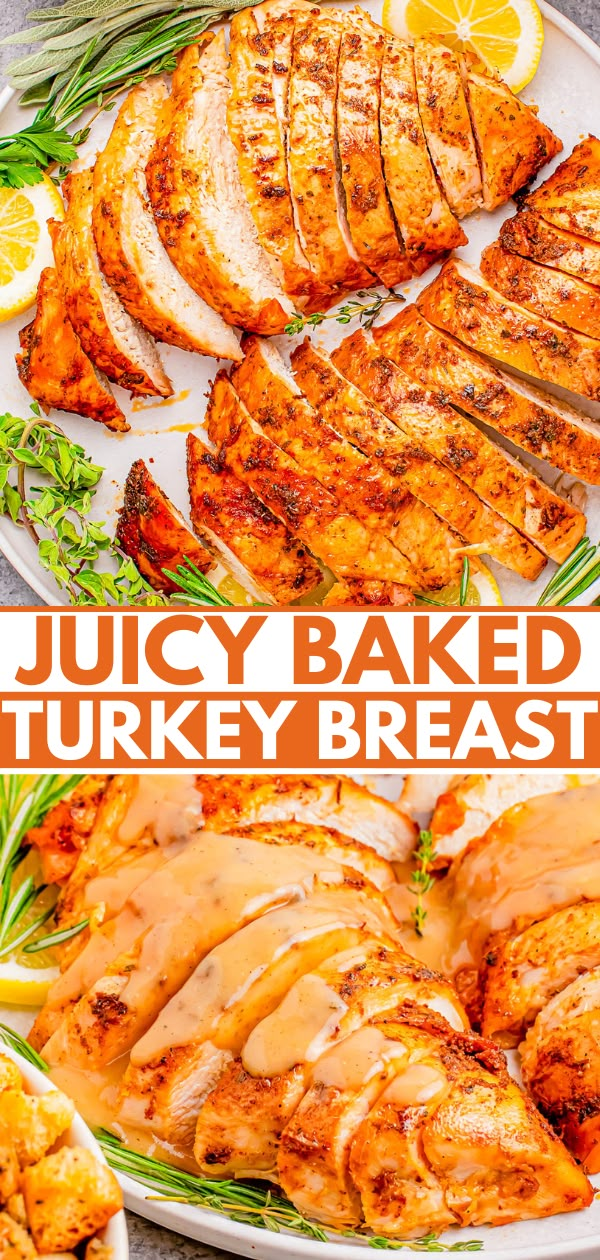 juicy baked turkey breast is served on a platter with garnish